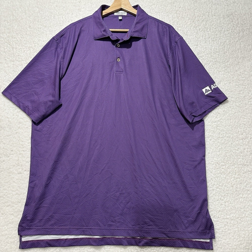 Peter Millar Summer Comfort AD Embroidered Sleeve Polo Purple Dots Shirt Size L